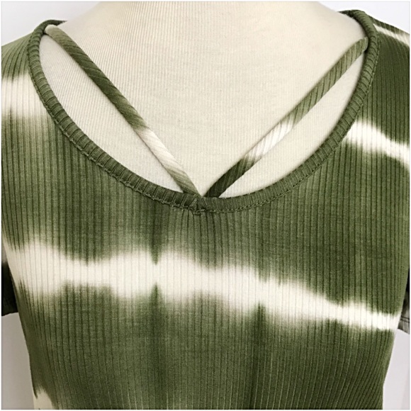 Olive Tie Dye Ribbed Strappy Tee Top SML - Picture 5 of 6